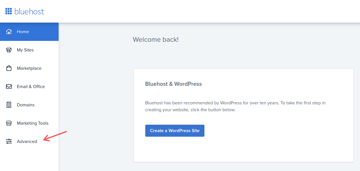The Advanced tab in Bluehost, where you'll find all the necessary functions for the hosting configuration