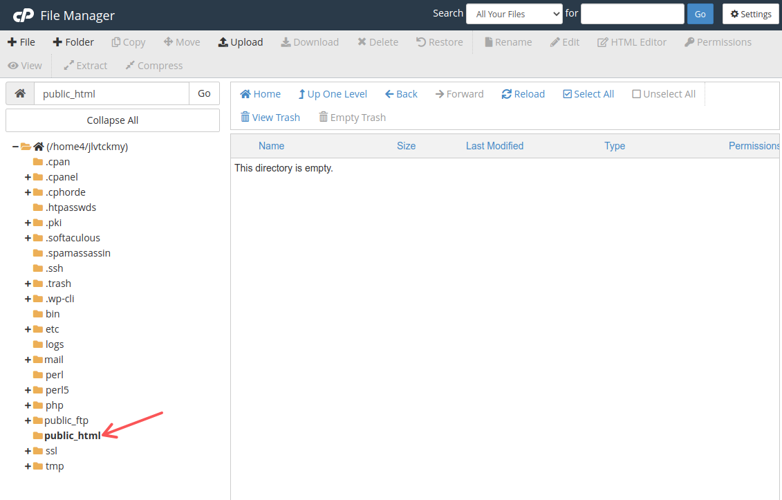 The public_html directory in File Manager in Bluehost