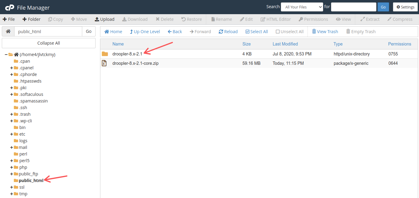 The newly created directory with Droopler in File Manager in Bluehost