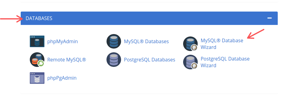 The Databases section in Bluehost