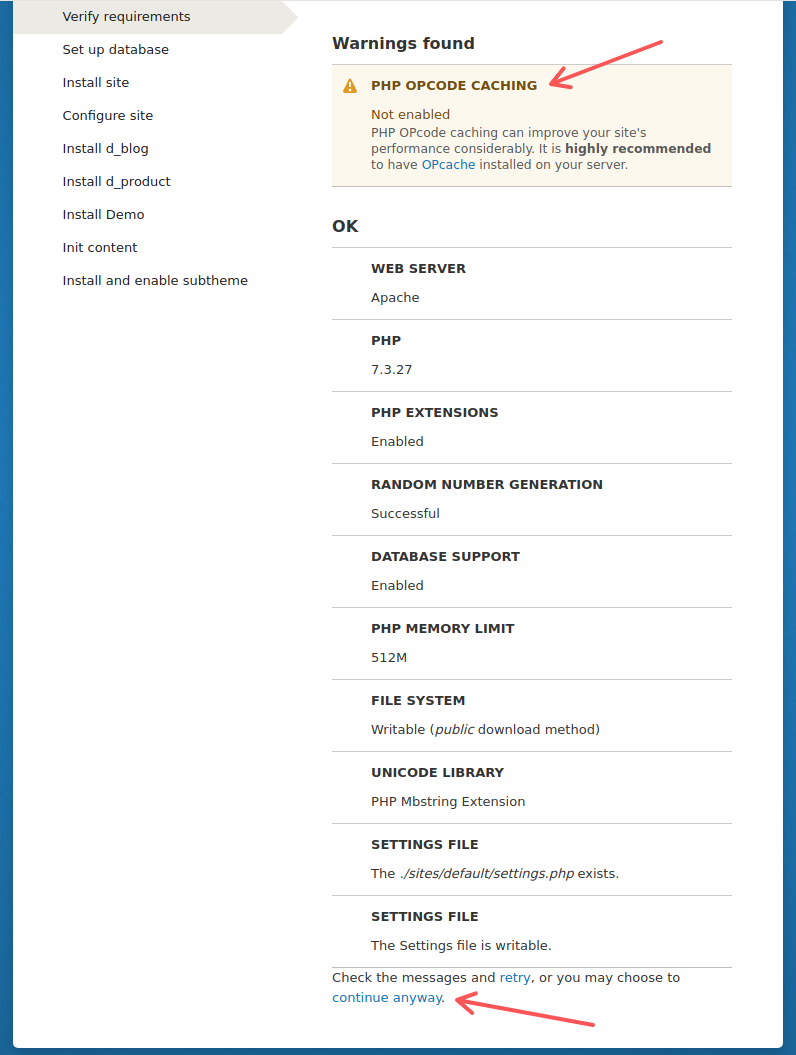 The warnings during the requirements verification in the Droopler installer