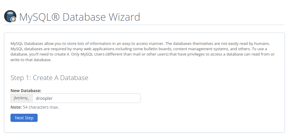 Defining the database name in MySQL Database Wizard