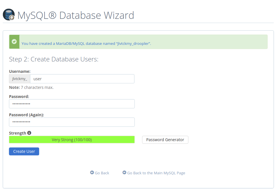 Defining the database users in MySQL Database Wizard