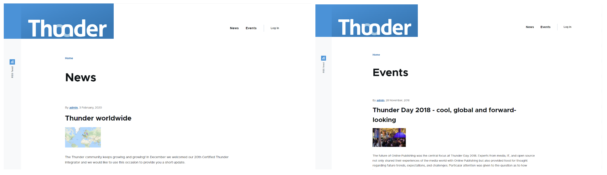 News and Events are our example categories that present different types of content in Thunder CMS. 