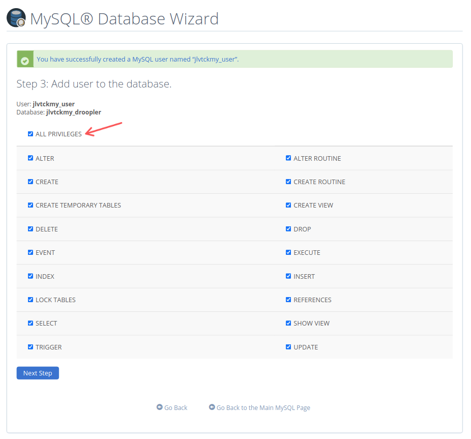 Assigning all database privileges to a user to make the Droopler installation work properly