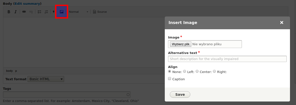 Extended editor with an option of uploading images opened.
