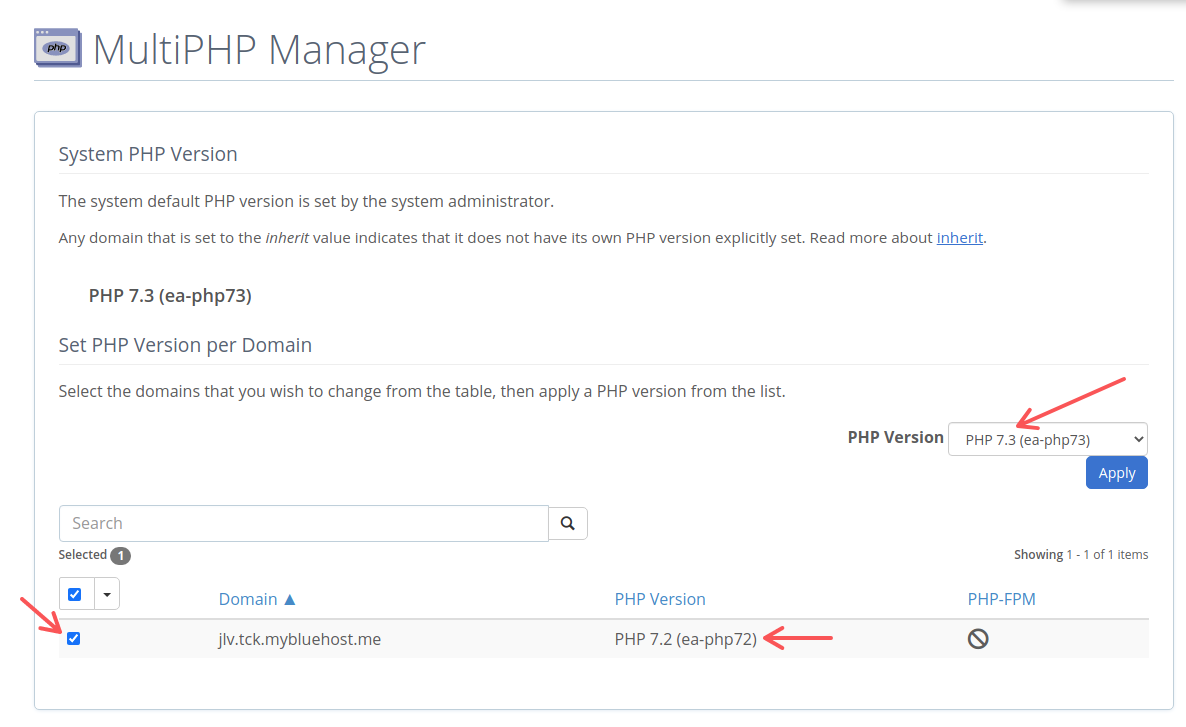 Selecting a specific PHP version in MultiPHP Manager