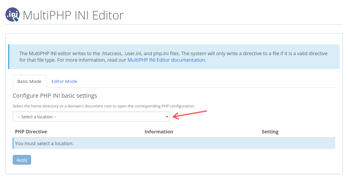 Selecting the domain for which you want to make the changes in MultiPHP INI Editor