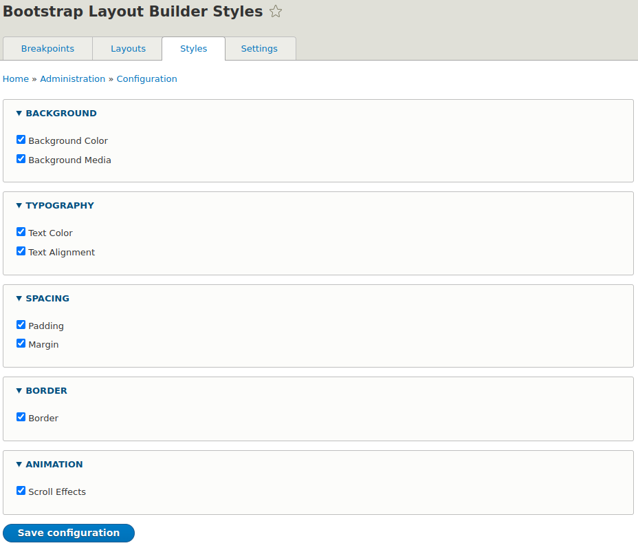 Configuring parameters of styles for sections in the Bootstrap Layout Builder Styles tab