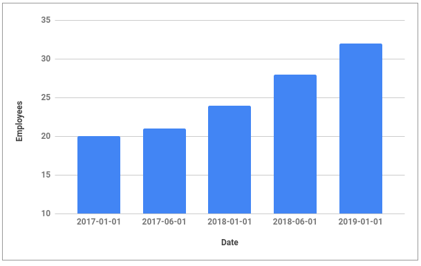 Graph shows the number of people in the team of Droptica - it starts at 20 in January 2017, 32 at the beginning of 2019