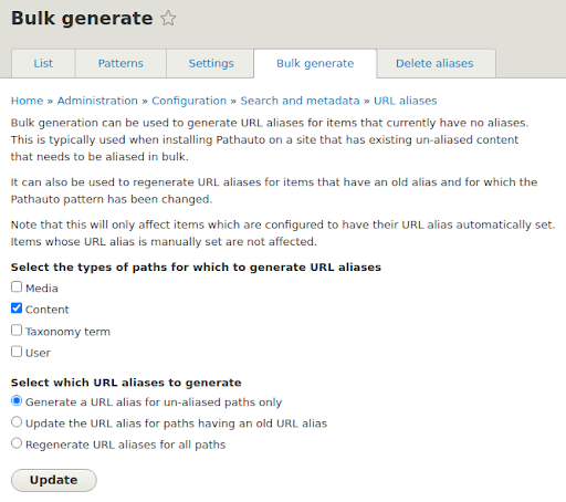 Regenerating URL aliases with Bulk generate function in Pathauto module