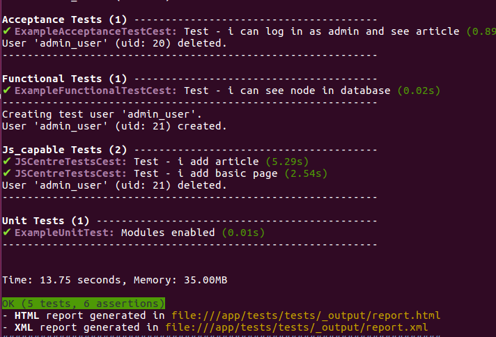 Picture: some of executed tests and total time report visible together