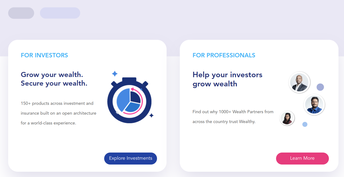 Clear graphics and brief content explain the services of the fintech company Wealthy
