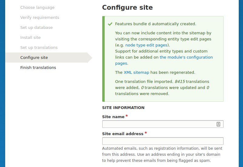 Droopler profile creator, step four, configuration of site name and e-mail address