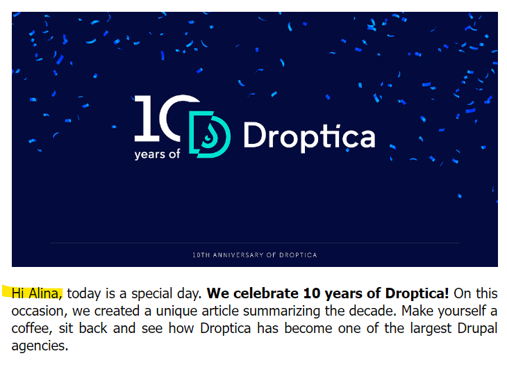 An example of personalizing a message using the recipient's name in a Droptica mailing campaign. 