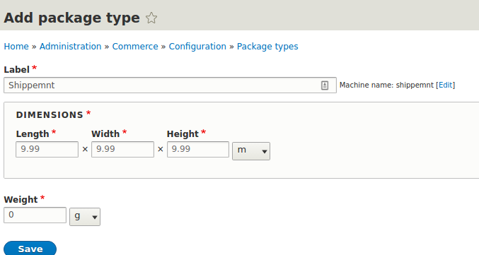 A view of "adding the package type" page