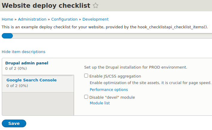 Example of a checklist in Droopler, Drupal distribution
