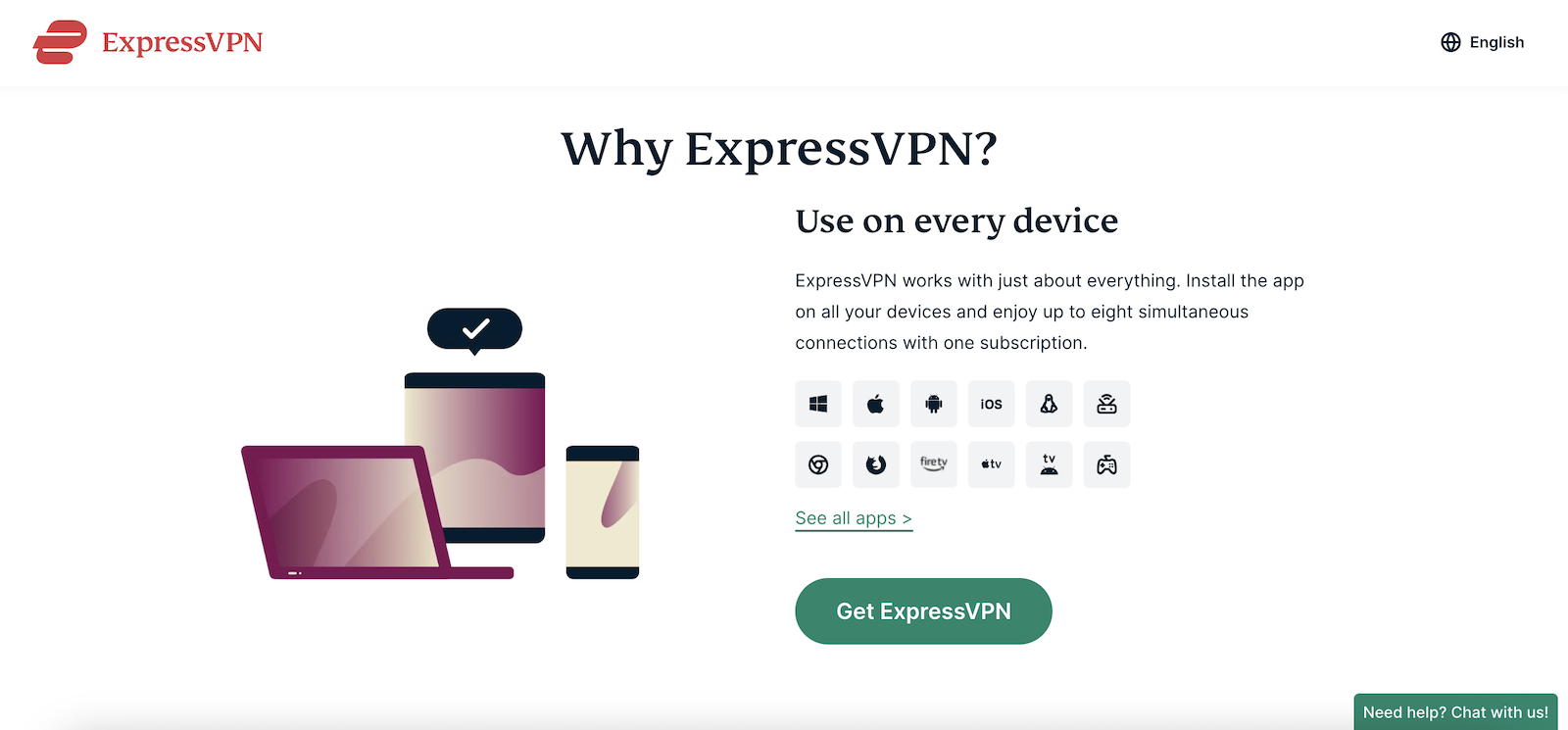 The landing page of the Express VPN Internet safe connection service company has many features.