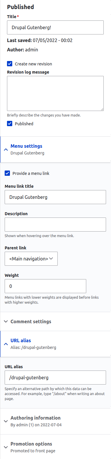 Populating basic content fields with data in the sidebar of the Gutenberg editor