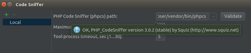 Validated file. The label "ok, PHP_CodeSniffer version 3.0.2 (stable) by Squiz (http://squiz.net) visible on the green background, as described in the text.