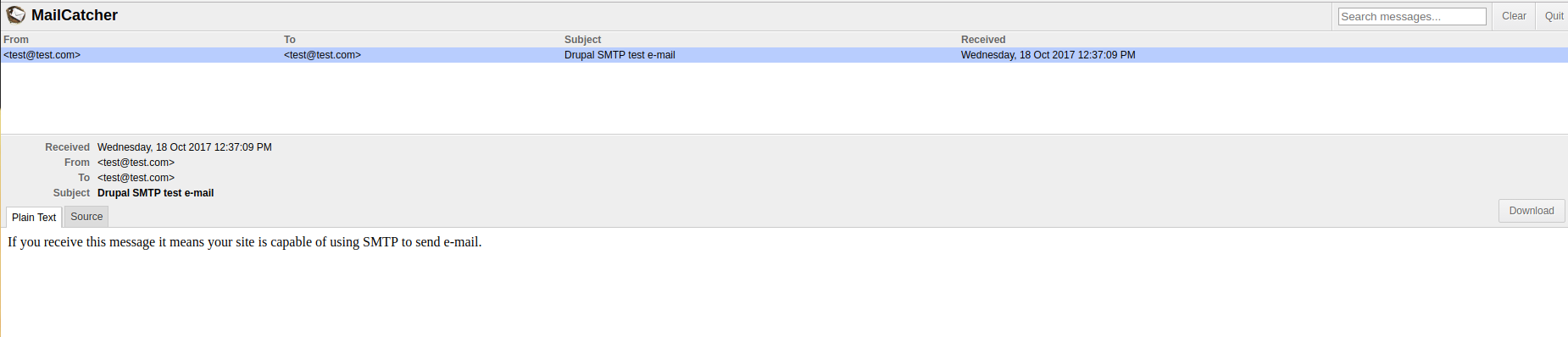 Default test e-mail message in the developer’s inbox.