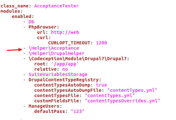 Suite file. Arrow shows line "\Helper\Acceptance" listed under Enabled modules