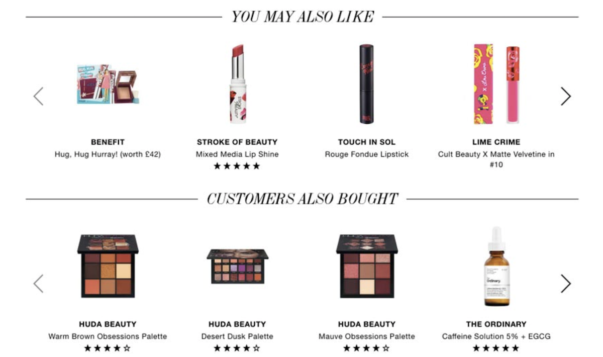 A section with personalized product recommendations appears in an online store with cosmetics. 