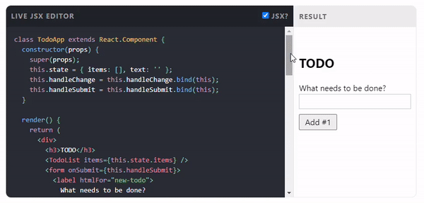 An example of the usage of JSX, a JavaScript extension, in the React.js framework