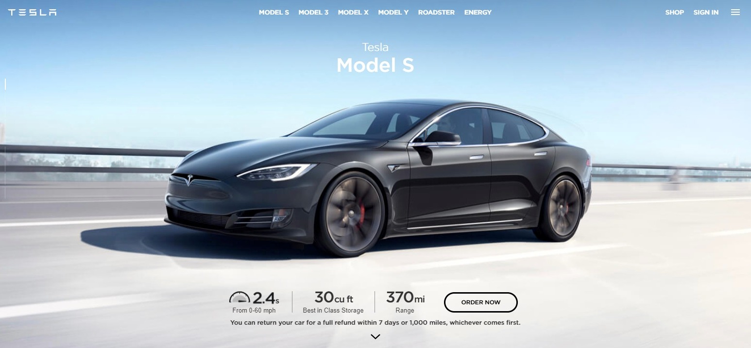 Tesla.com features clear buttons