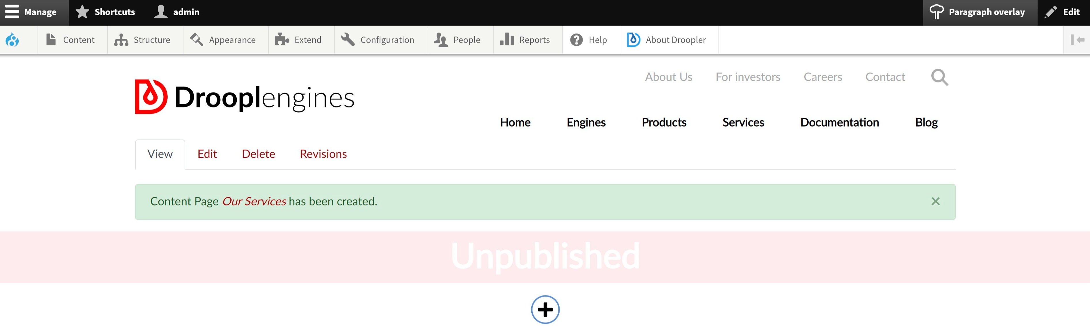 A view after creating a new services page in Droopler