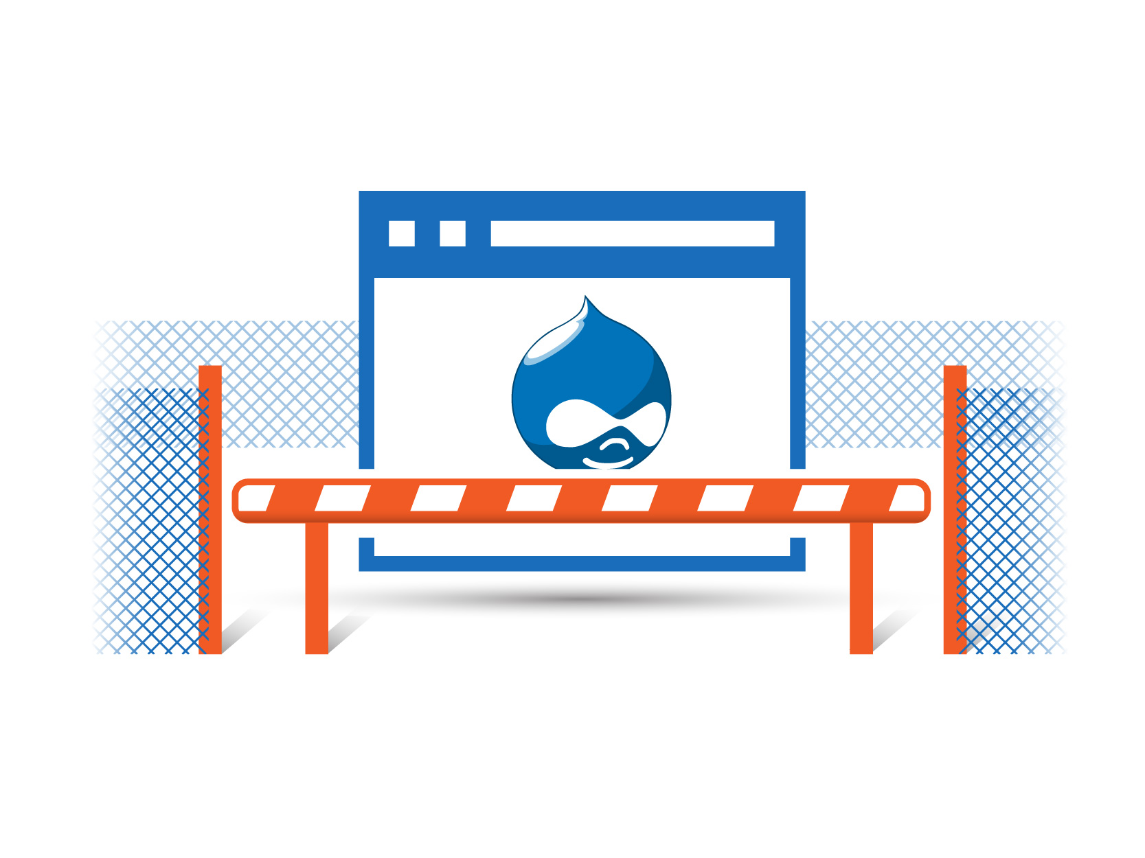 The illustration shows Site with Drupal logo guarded securely hidden behind a net