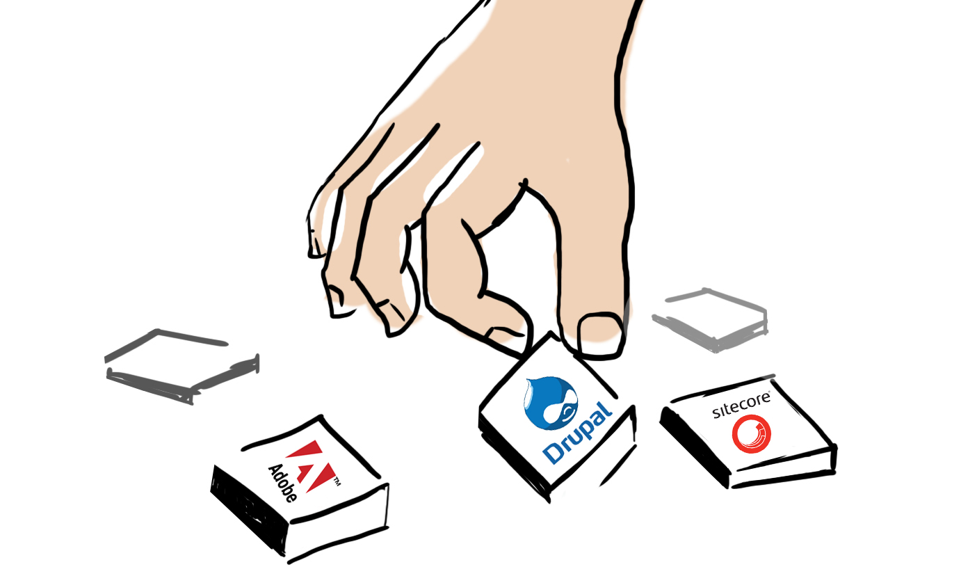 A hand picking Drupal logo among other poplar cmf-s