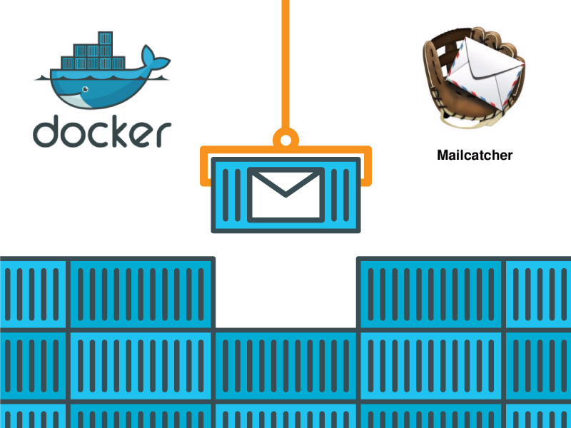 Docker and mailcatcher logo are visible on the opposite sides of an image at the top. They are separated by a grab lifting a unit marked with an envelope from a stack of identical blue containers