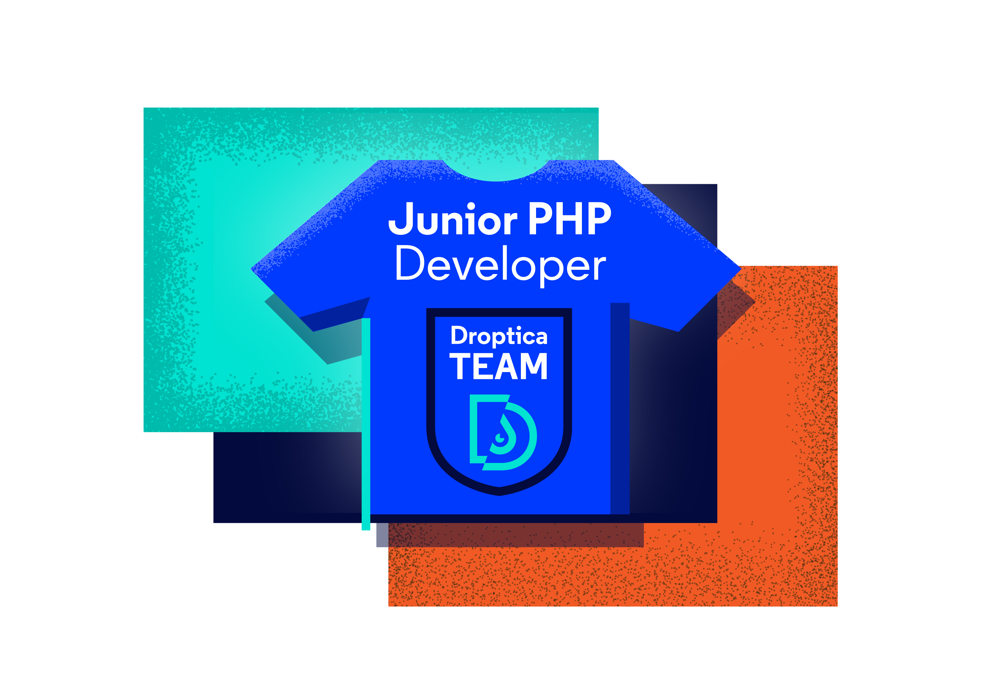 a blu t-shirt with "junior PHP" and Roptica logo printed on it. at the background, three squares, colored orange, black and teal are visible.