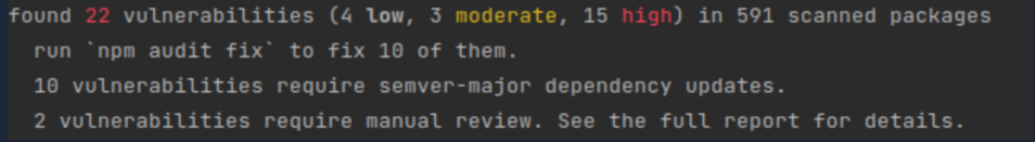 Result of the npm-audit command checking the package.json during the JavaScript libraries review