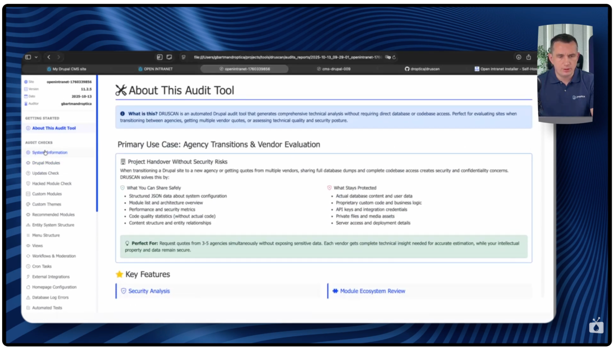 The first screen of the Druscan report with basic information about the Drupal technical audit tool.