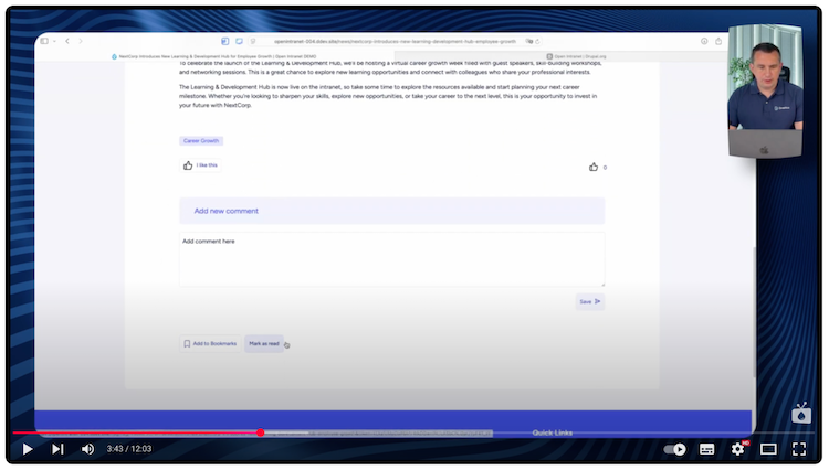 Workplace news with a "Mark as read" button to mark that the user has read the information.