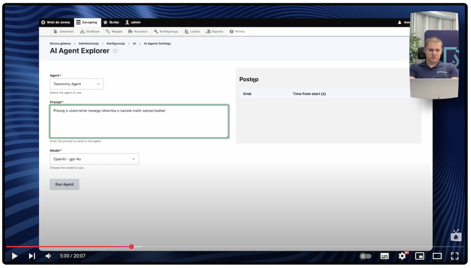The AI Agents section in Drupal is used to create commands with a field to display the status of the task being performed.