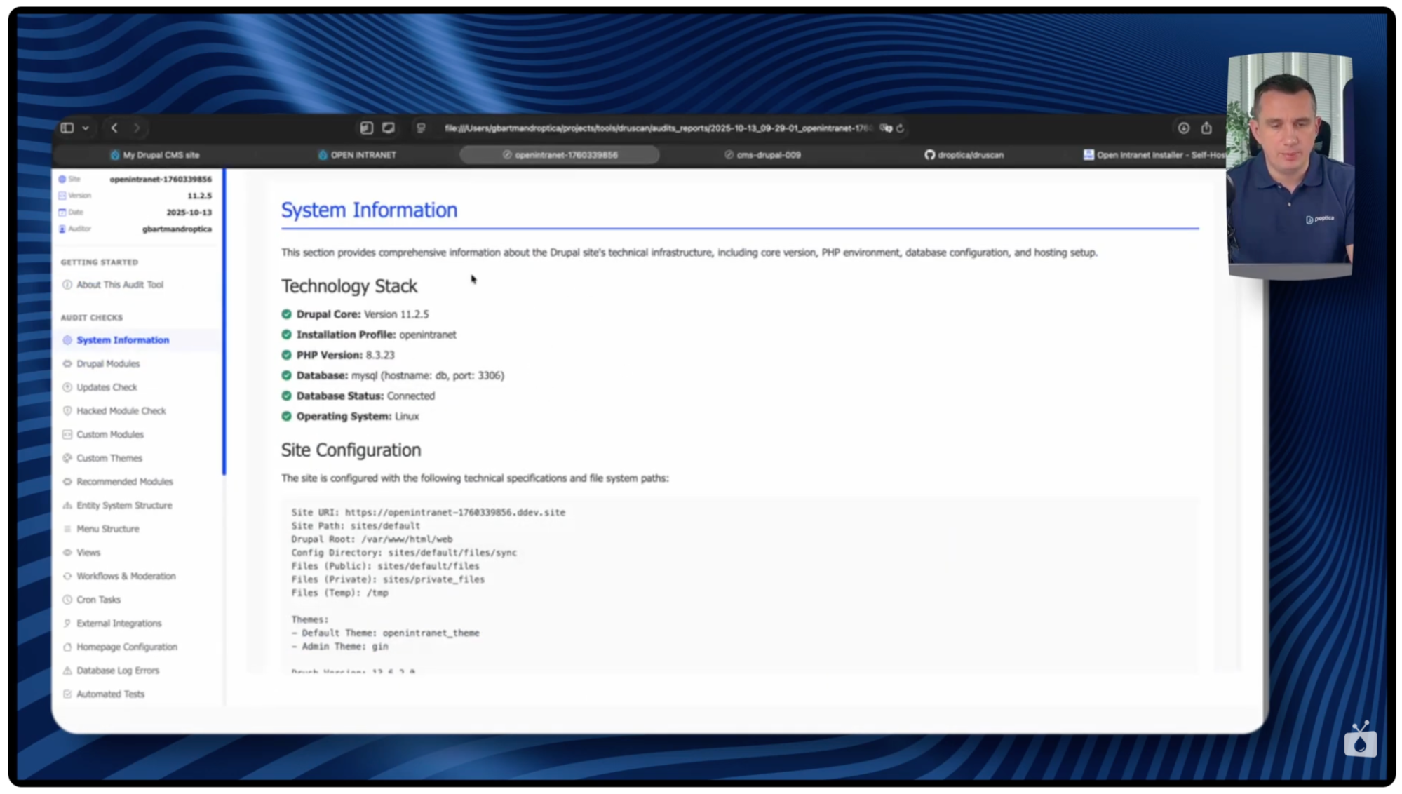 The section of the Druscan report presenting basic information about the analyzed Drupal system.