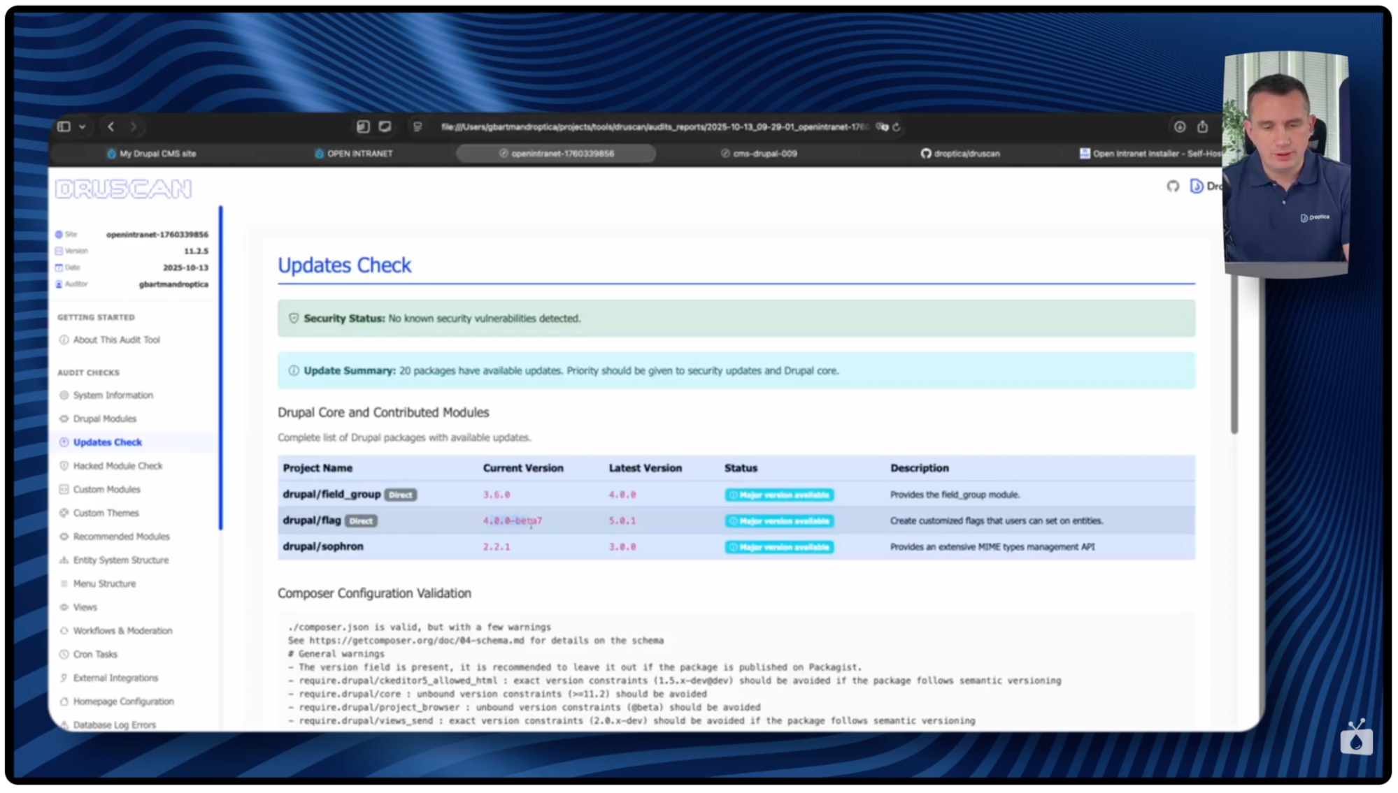Section of the Druscan report after technical audit showing which modules require updating.