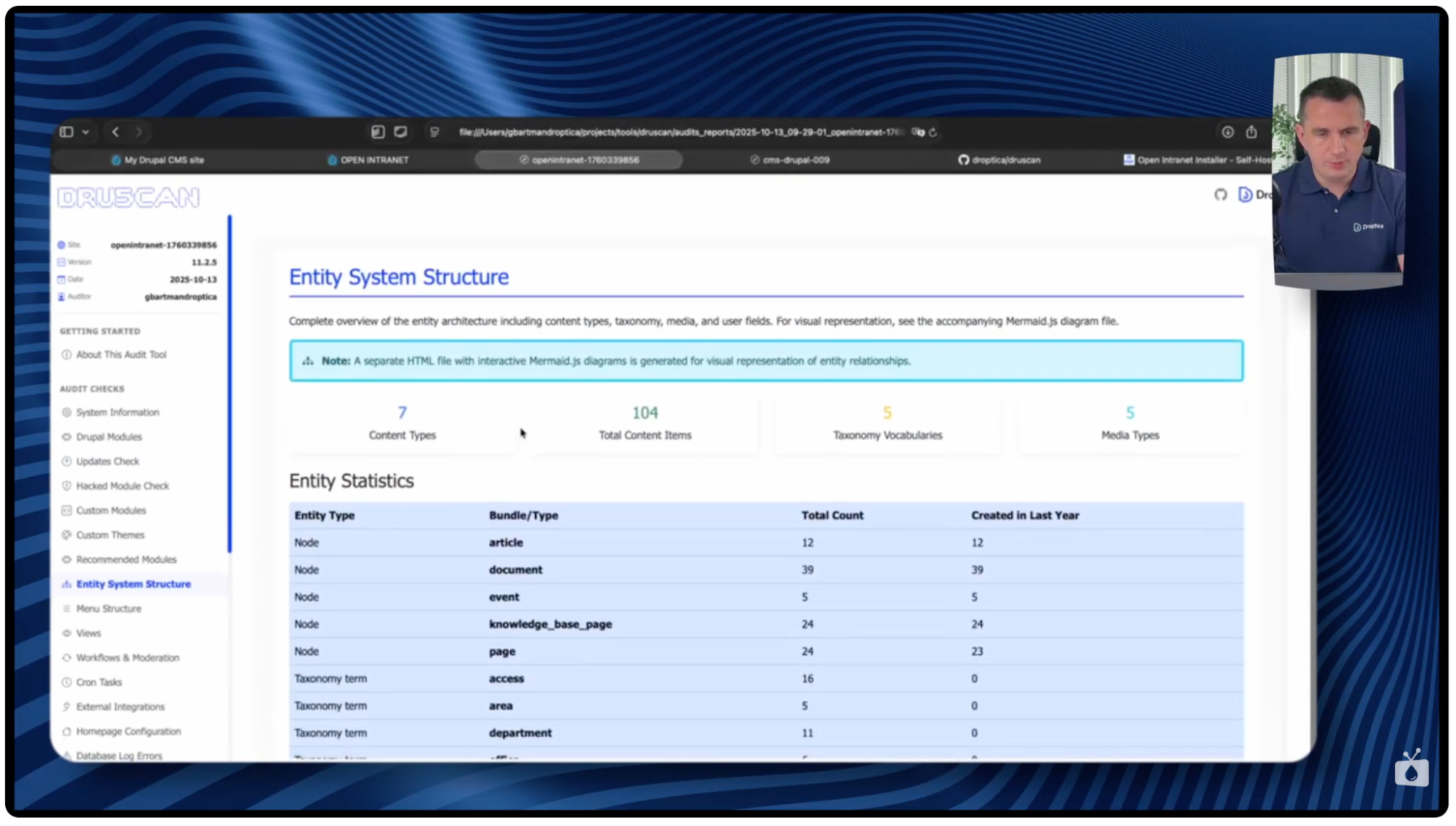 The Entity Structure section of the Druscan report presenting detailed information about content types in the Drupal system.
