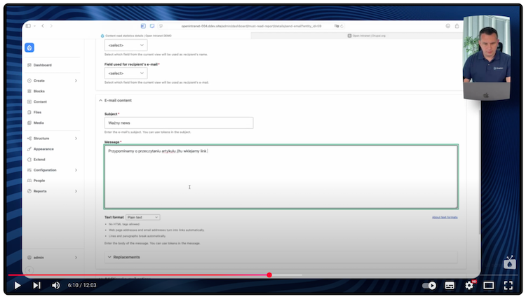 Section with settings for email notifications that can be sent to Open Intranet users.