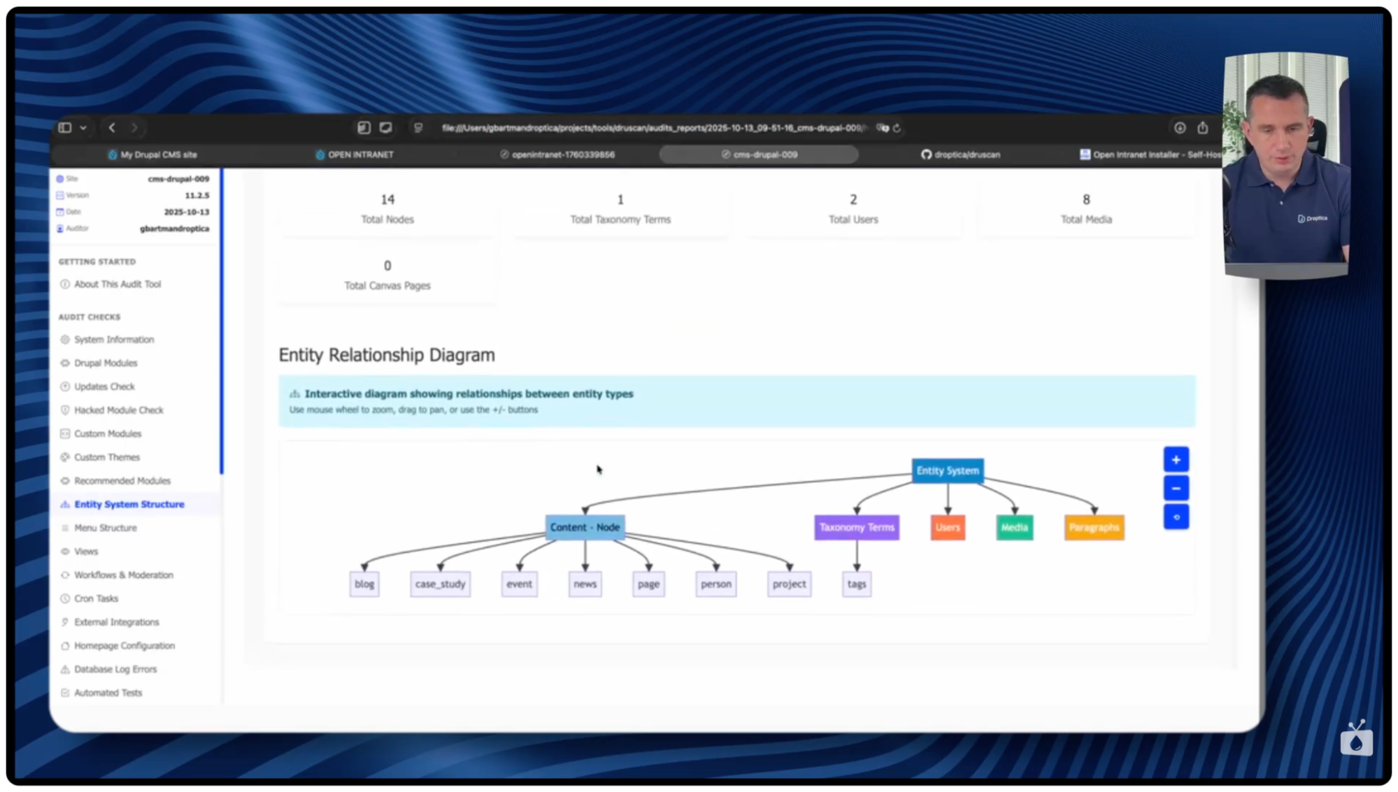 Interactive diagrams in the Druscan report illustrating the structure of the system after the Drupal technical audit.
