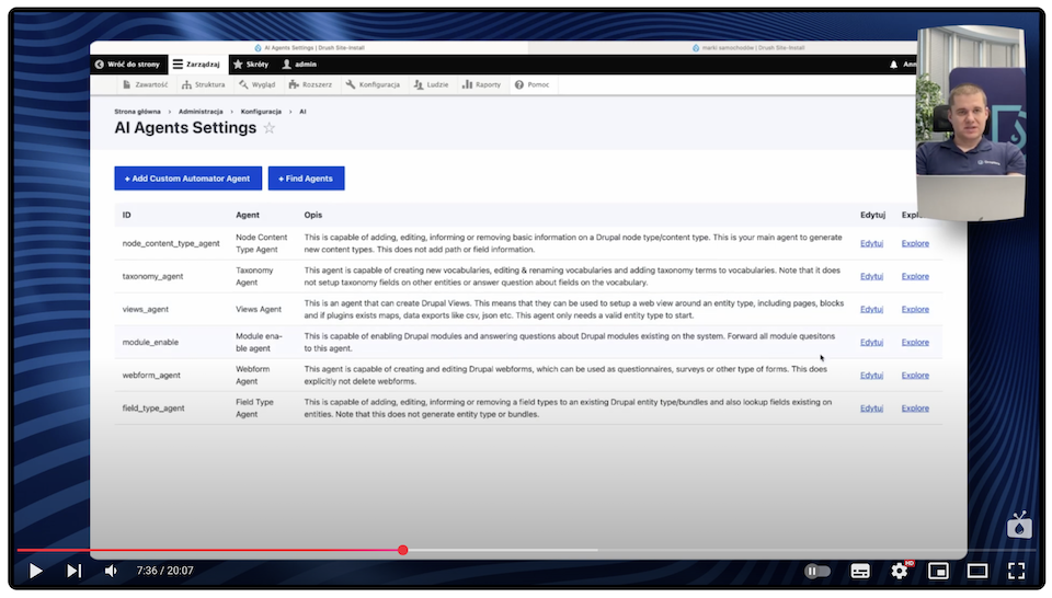 AI Agents settings in Drupal, where you can see all available options for using this artificial intelligence feature.