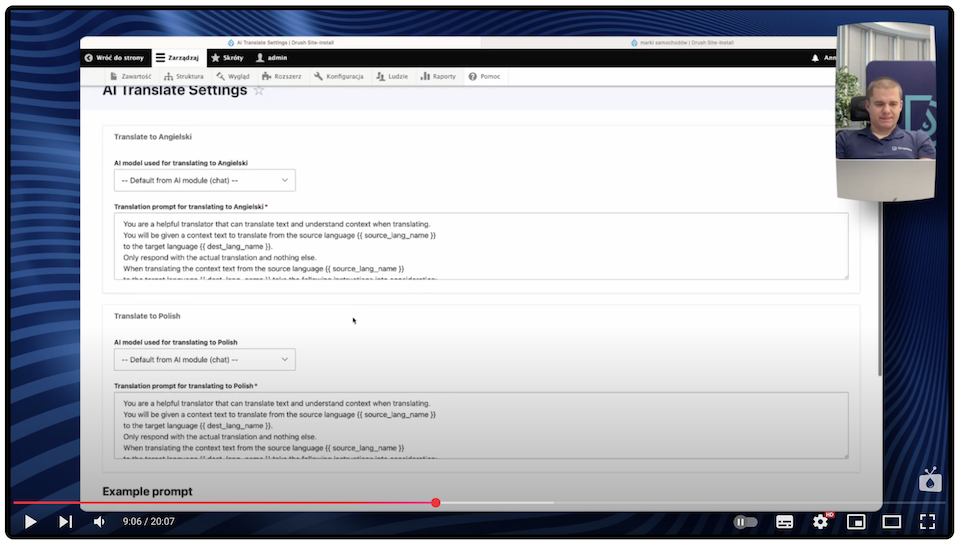 Prompts in the Drupal admin panel to translate content using the AI Translate module.