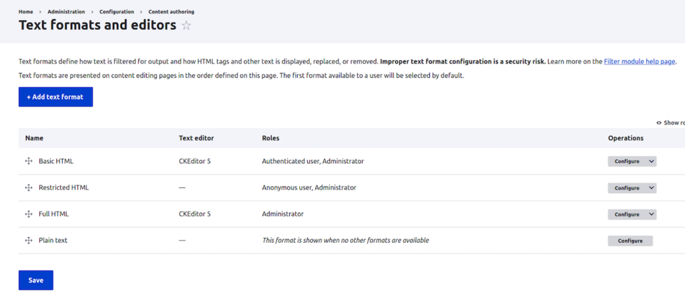  In the Drupal admin panel, you can configure the CKEditor 5 editor for the plugins you use.