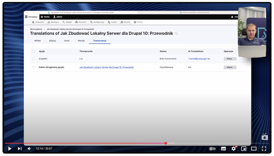 The process of translating an article in Drupal using the AI Translate module.