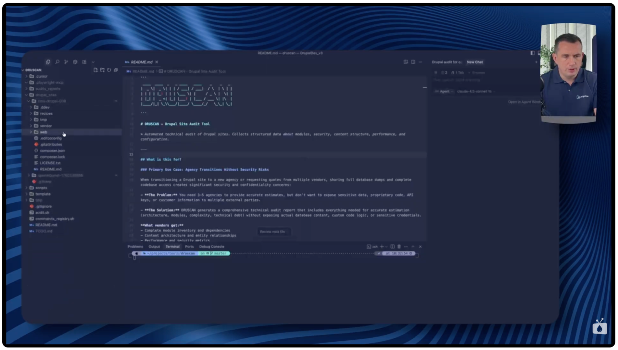 Opis ALT: View of the Druscan tool running in the Cursor application with technical audit page catalogs.