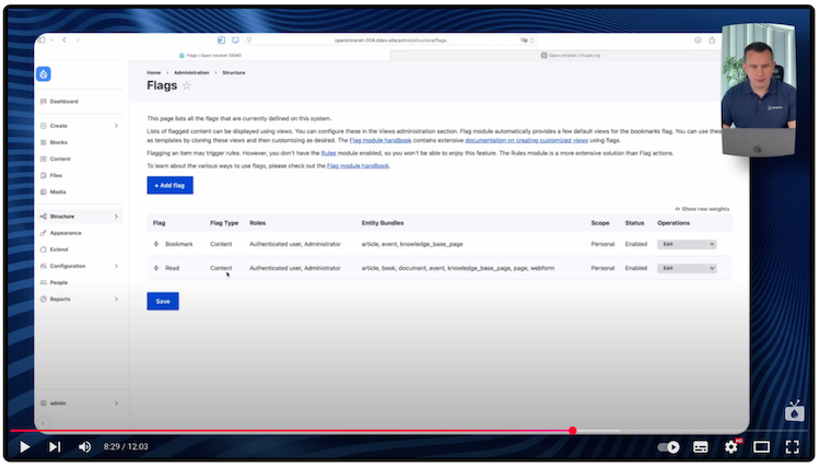 View with a flag named "Read" created in Open Intranet on Drupal.