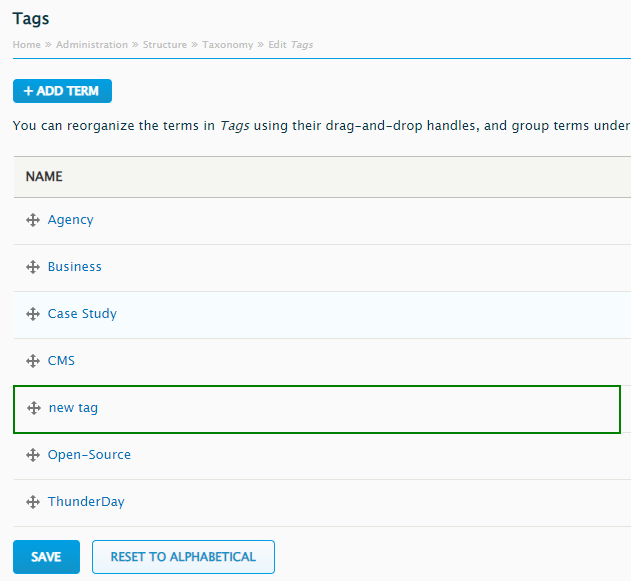 The new tag added in the article creation window in CMS is also visible on complete list of tags.